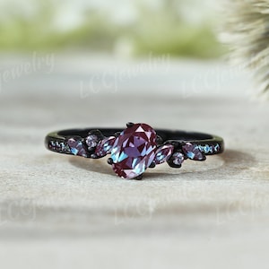 14K Black Gold Ring Oval Cut Alexandrite Engagement Ring Black Gold Marquise Alexandrite Wedding Ring Gothic Ring Bridal Best Gifts For Her
