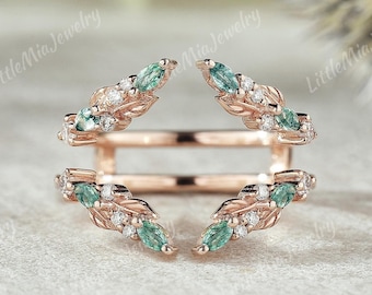 Unique Natural Moss Agate Ring Enhancer Rose Gold Moissanite Double Curved Wedding Band Leaf Moissanite Stacking Matching Rings For Women