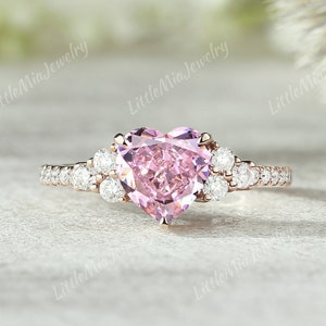 Unique Heart Cut Pink Sapphire Engagement Ring Art Deco Rose Gold Moissanite Cluster Pink Sapphire Wedding Ring Anniversary Rings For Women