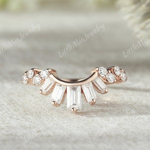 Curved Wedding Band Moissanite Baguette Shaped Rose Gold Wedding Band Stacking Curved Ring Unique Matching Band Stackable Ring Anniversary