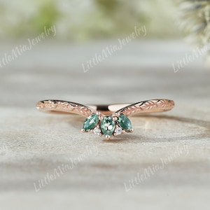 Unique Moss Agate Wedding Band Rose Gold Natural Inspire Leaf Moissanite Curved Wedding Band Promise Custom Anniversary Rings For Women