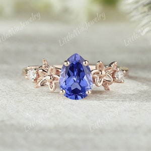 Art Deco Pear Cut Sapphire Engagement Ring Rose Gold Floral Ring Moissanite Leaf Shaped Ring Promise Ring Anniversary Rings For Women