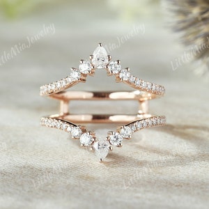 Unique Pear Shaped Moissanite Double Curved Wedding Band Solid Gold Moissanite Ring Enhancer Stacking Promise Ring Personalized Gift For Her