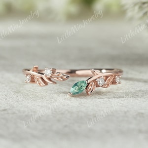Moss Agate Wedding Ring Rose Gold Curved Wedding Band Leaf Design Wedding Ring Twig Ring Moss Agate Open Band Anniversary Gift For Her