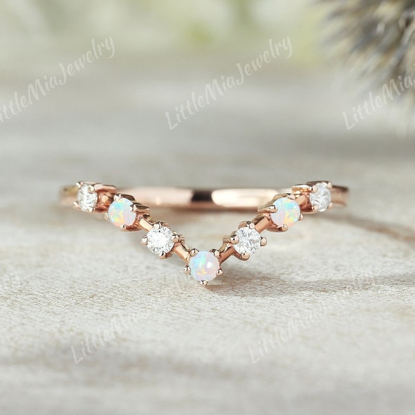 Vintage Natural Opal Curved Wedding Band Sterling Silver Moissanite Curved Wedding Band 10k 14k Rose Gold Promise Custom Opal Band For Women