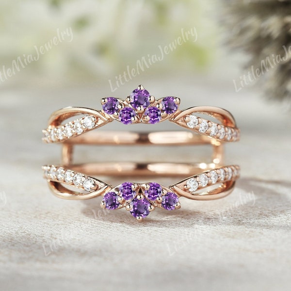 Unique Amethyst Wedding Band 925 Sterling Silver Moissanite Ring Enhancer Rose Gold Stacking Matching Promise Ring Anniversary Gift For Her
