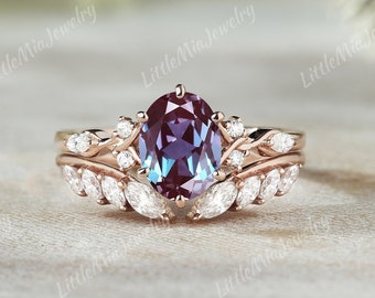 Unique Oval Cut Alexandrite Engagement Ring Set Rose Gold Marquise Cut Moissanite Curved Wedding Band Promise Ring Anniversary Gift For Her