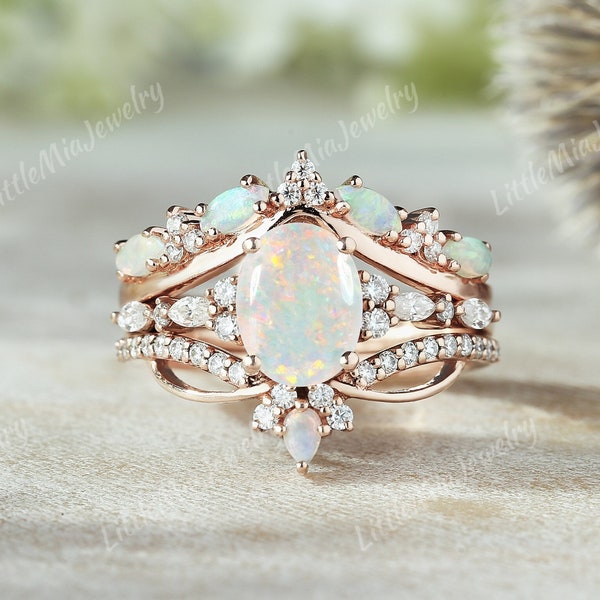 3pc Oval Cut Natural Opal Engagement Ring Set Rose Gold Opal Curved Moissanite Opal Wedding Band Opal Ring Set Women Wedding Ring Set