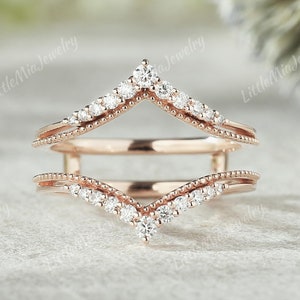 Unique Moissanite Double Curved Wedding Band Rose Gold Art Deco Ring Enhancer Promise Women Wedding Band Personalized Gift For Her