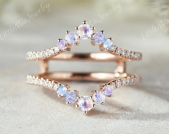 Unieke Maansteen Trouwring Enhancer Rose Goud Dubbele Moissaniet Gebogen Trouwring Stapelen Custom Ringen Voor Vrouwen Handgemaakte Sieraden