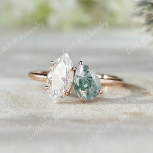 Unique Two Stone Engagement Ring Rose Gold Toi et Moi Ring Marquise Moissanite Wedding Ring Pear Moss Agate Promise Wedding Rings For Women