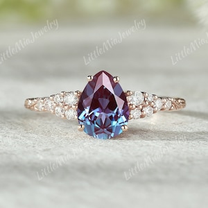 Unique Pear Cut Alexandrite Engagement Ring Nature Inspired Leaf Alexandrite Ring Solid Gold Moissanite Cluster Wedding Ring Rings For Women