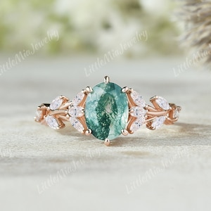 Unique Leaf Floral Moss Agate Engagement Ring Solid Gold Moissanite Cluster Wedding Ring Oval Cut Bridal Rings For Women Handmade jewelry
