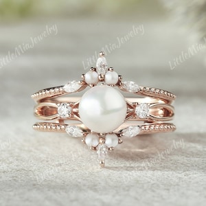 Akoya Pearl Engagement Ring Set Rose Gold Moissanite Ring Enhancer Vintage Pearl Wedding Ring Set Pearl Curved Wedding Band Gift For Her