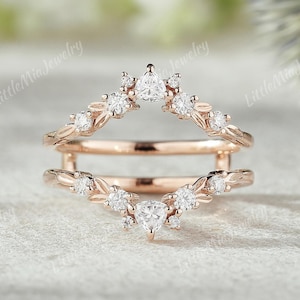 Unique Nature Inspired Leaf Moissanite Double Curved Wedding Band Rose Gold Leaf Moissanite Ring Enhancer Stacking Matching Promise Rings