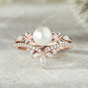 Art Deco Akoya Pearl Engagement Ring Set Solid Gold Moissanite Curved Wedding Band May Birthstone Promise Ring Set For Mother&#39;s Day Gift
