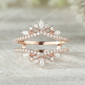 Moissanite Ring Enhancer Rose Gold Tiara Design Moissanite Double Curved Wedding Band Stacking Matching Rings For Women Handmade Jewelry