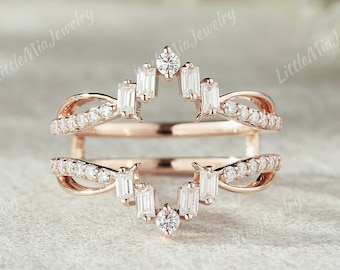 Baguette Cut Moissanite Ring Enhancer Solid Gold Moissanite Double Curved Wedding Band Stacking Matching Ring Personalized Gift For Her
