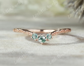 Unique Moss Agate Wedding Band Rose Gold Nature Inspired Twig Moss Agate Curved Wedding Ring Promise Custom Ring For Women Handmade Jewelry