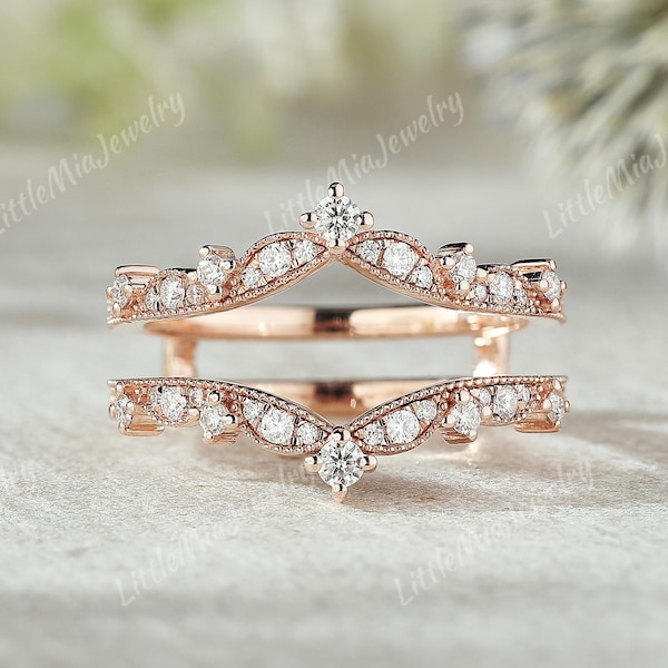Vintage Moissanite Double Curved Wedding Band Solid Gold Miligrain Enhancer Ring Stacking Matching Wedding Ring Anniversary Rings for Women