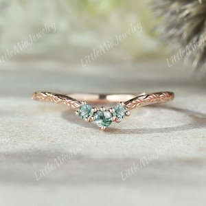 Unique Moss Agate Wedding Band Rose Gold Nature Inspired Twig Moss Agate Curved Wedding Ring Promise Custom Ring For Women Handmade Jewelry