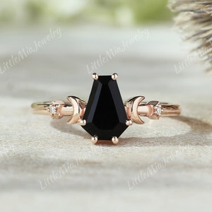 Unique Coffin Cut Black Onyx Engagement Ring Rose Gold Moon Star Design Moissanite Wedding Ring Promise Ring For Women Halloween Jewelry