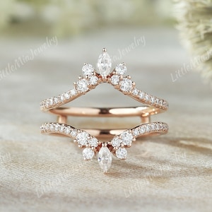 Unique Moissanite Ring Enhancer, Marquise Shape Moissanite Double Curved Wedding Band, Rose Gold Stacking Matching Custom Wedding Ring