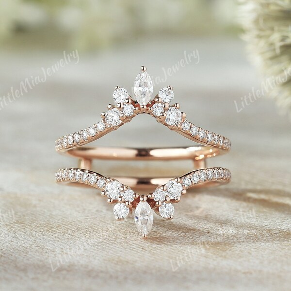 Unique Moissanite Ring Enhancer, Marquise Shape Moissanite Double Curved Wedding Band, Rose Gold Stacking Matching Custom Wedding Ring