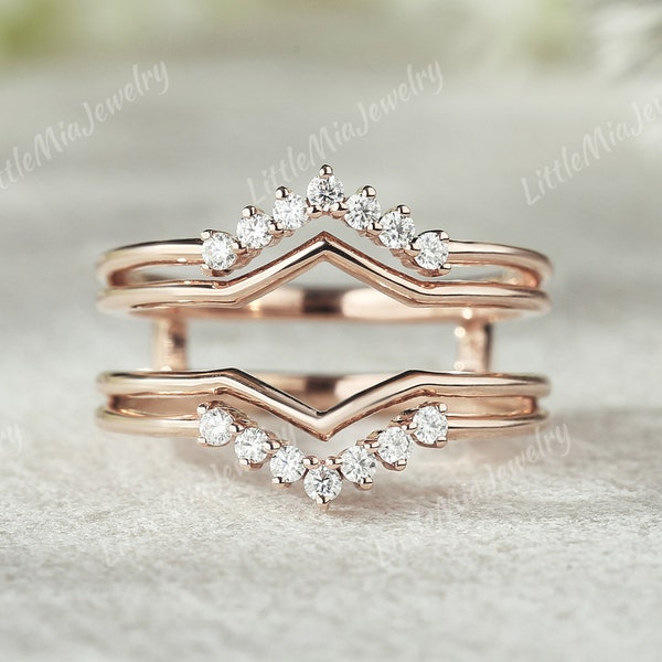 Art Deco Double Moissanite Curved Wedding Band Rose Gold Ring Enhancer Stackable Promise Anniversary Rings For Women Custom Jewelry