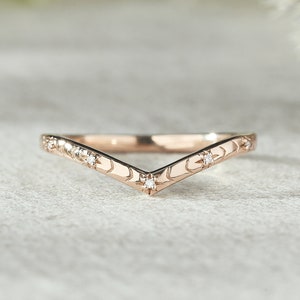 Unique Star Moissanite Curved Wedding Band Rose Gold Art Deco Star Design Moissanite Stacking Matching Wedding Ring Promise RingS For Women