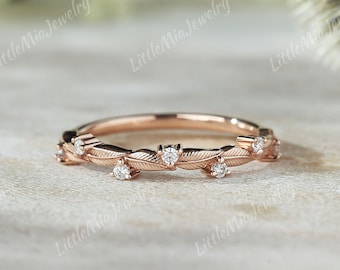 Nature Inspired Leaf Moissanite Wedding Band Rose Gold Stacking Matching Moissanite Wedding Ring Anniversary Promise Rings For Women