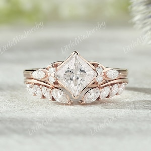 Unique Princess Cut Moissanite Engagement Ring Set Rose Gold Marquise Moissanite Curved Wedding Band Moissanite Ring Set Promise Bridal Set