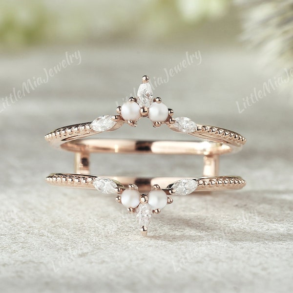 Unique Pearl Ring Enhancer Solid Gold Moissanite Double Curved Wedding Band Stacking Matching Wedding Ring Custom Promise Rings For Women