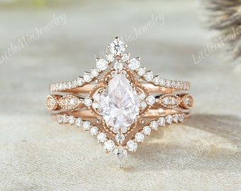 Unique Pear Cut Moissanite Engagement Ring Set Solid Gold Moissanite Curved Wedding Band Promise Bridal Ring Set Anniversary Gift For Her