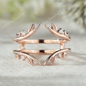 Natural Inspired Leaf Moissanite Double Curved Wedding Band Rose Gold Ring Enhancer Stacking Matching Ring Promise Rings for Women
