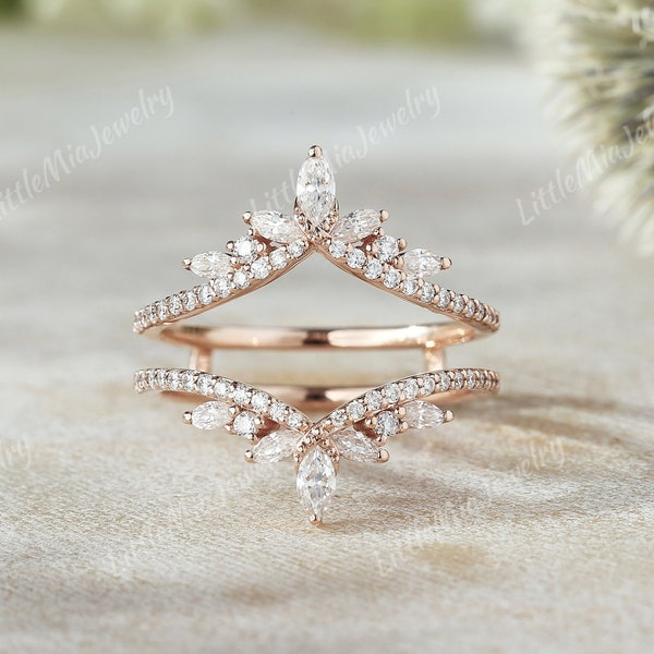 Unique Tiara Moissanite Ring Enhancer Solid Gold Moissanite Double Curved Wedding Band Stacking Matching Rings For Women Handmade Jewelry