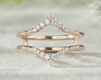 Unique Moissanite Ring Enhancer Solid Gold Nature Inspired Leaf Floral Moissanite Wedding Band Promise Custom Ring Anniversary Gift For Her