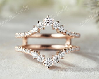 Vintage Moissanite Double Curved Wedding Band Rose Gold Moissanite Ring Enhancer Stacking Matching Promise Custom Wedding Rings For Women