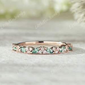 Unique Marquise Natural Moss Agate Wedding Band Rose Gold Moissanite Wedding Ring Stacking Promise Rings For Women Personalized Jewelry