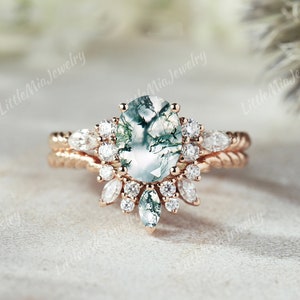 Nature Oval Moss Agate Engagement Ring Moss Agate Wedding Ring Set Moissanite Curved Wedding Band Vintage Moss Agate Custom Rings For Women