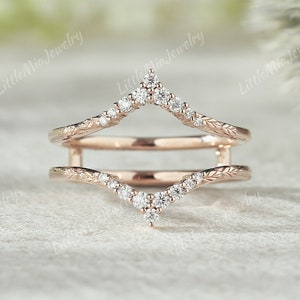 Unique Moissanite Ring Enhancer Solid Gold Nature Inspired Leaf Floral Moissanite Wedding Band Promise Custom Ring Anniversary Gift For Her