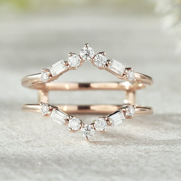 Unique Baguette Cut Moissanite Wedding Band Solid Gold Moissanite Ring Enhancer Double Curved Wedding Band Personalized Gift For Her