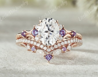 Ovale Moissanite verlovingsring set Rose Gold Twist Moissanite Ring Set Alexandrite gebogen trouwring Moissanite Ring Set cadeau voor haar