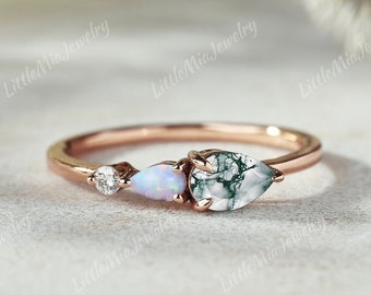 Natural Moss Agate Engagement Ring Pear Moss Agate Wedding Ring Art Deco Opal Rings For Women Custom Gold Moss Agate Ring Personalized Gifts