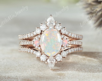 Unique Opal Engagement Ring Set Solid Gold Moissanite Double Curved Wedding Band Birthstone Ring Set Promise Ring Personalized Gift For Her