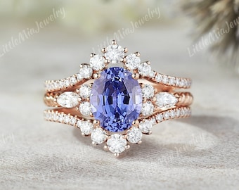 Vintage Oval Cut Sapphire Engagement Ring Set Rose Gold Moissanite Double Curved Wedding Band Custom Promise Ring For Women Handmade Jewelry