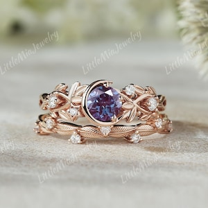 Nature Inspired Alexandrite Engagement Ring Set Rose Gold Branch Leaf Wedding Band Moon Star June Birthstone Alexandrite Bridal Ring Set