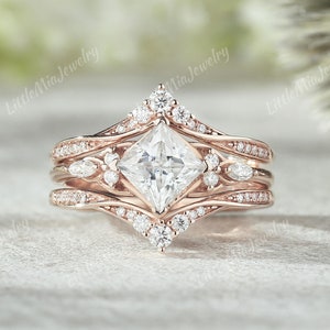 Princess Cut Moissanite Engagement Ring Set Rose Gold Moissanite Ring Enhancer Unique Moissanite Ring Set Promise Bridal Set Gift For Her