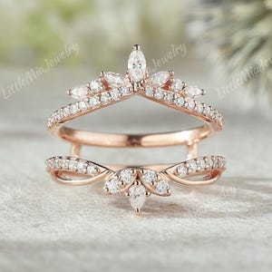 Unique Moissanite Double Curved Wedding Band Solid Gold  Moissanite Cluster Ring Enhancer Wedding Band Anniversary Rings for Women