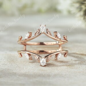 Unique Moissanite Ring Enhancer Rose Gold Nature Inspired Leaf Moissanite Double Curved Wedding Band Promise Stacking Matching Wedding Ring